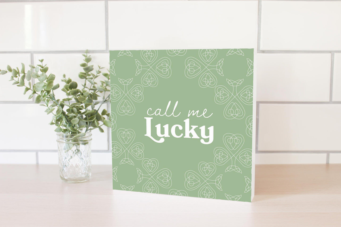 Sage Green Shamrock Call Me Lucky | Wood Block | Eaches | Min 2