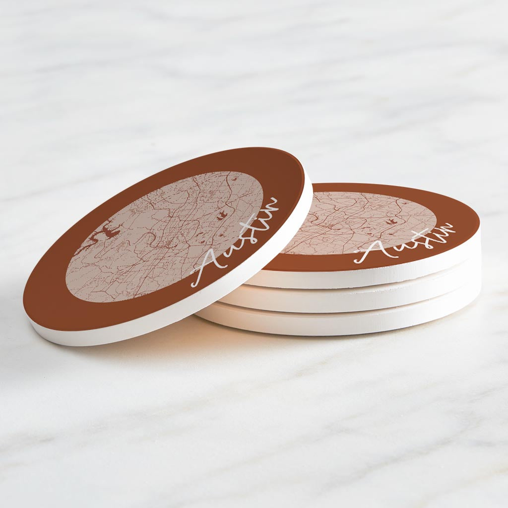 Modern Minimalist Texas Austin Circle Map | Absorbent Coasters | Set of 4 | Min 2