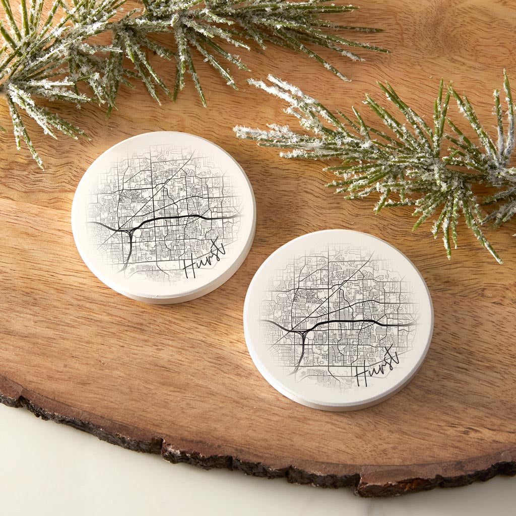 Minimalistic B&W Texas Hurst Circle Map| Absorbent Car Coasters | Set of 2 | Min 4