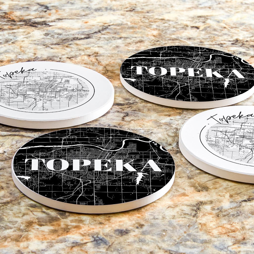 Minimalist B&W Kansas Topeka Maps | Absorbent Coasters | Set of 4 | Min 2