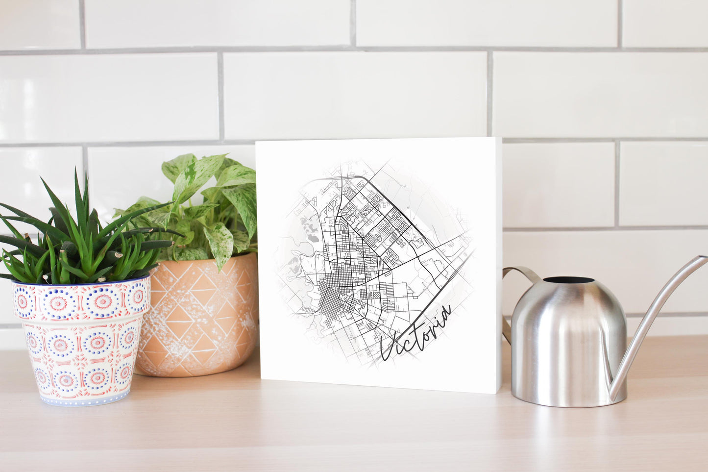Minimalistic B&W Texas Victoria Circle Map | Wood Block | Eaches | Min 2