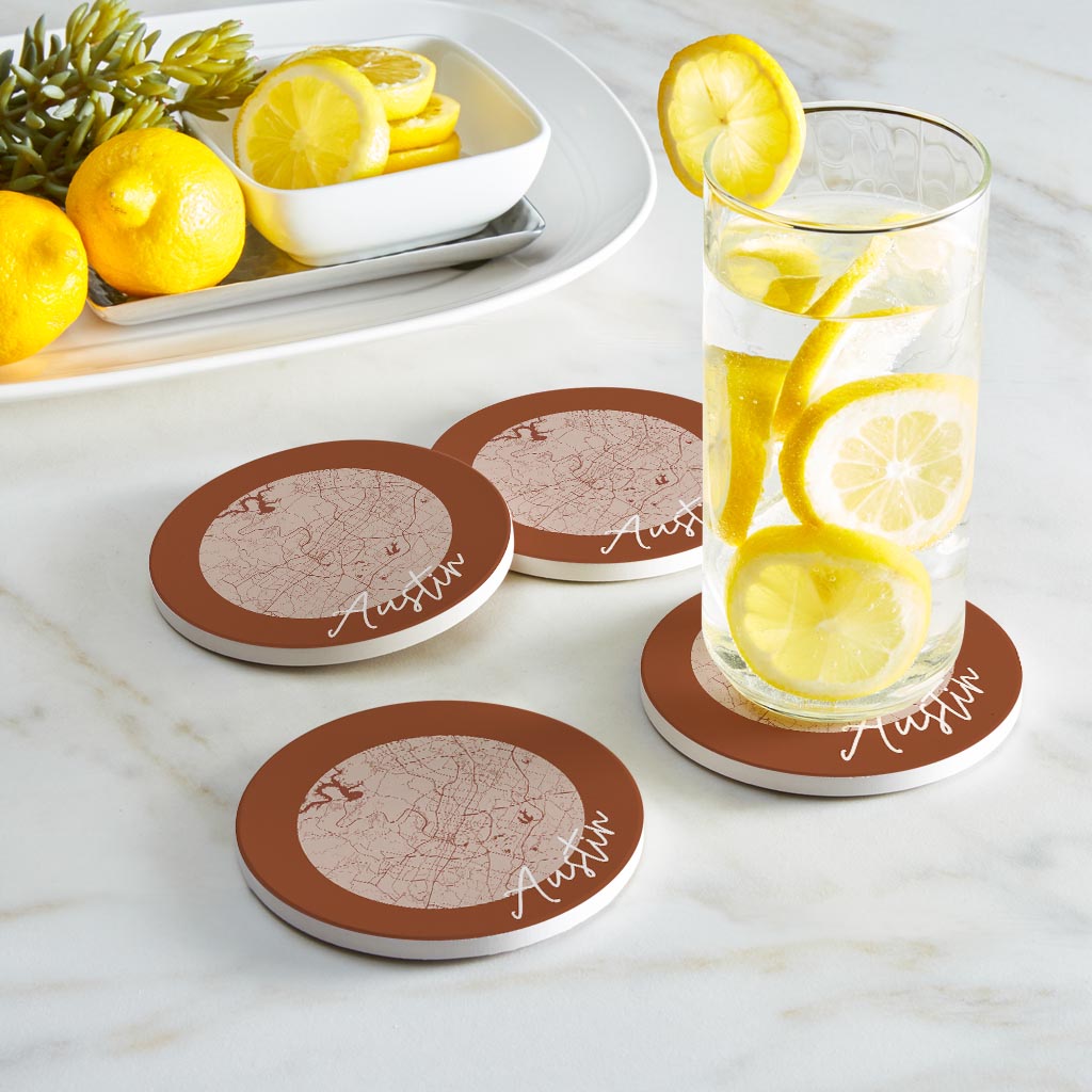 Modern Minimalist Texas Austin Circle Map | Absorbent Coasters | Set of 4 | Min 2