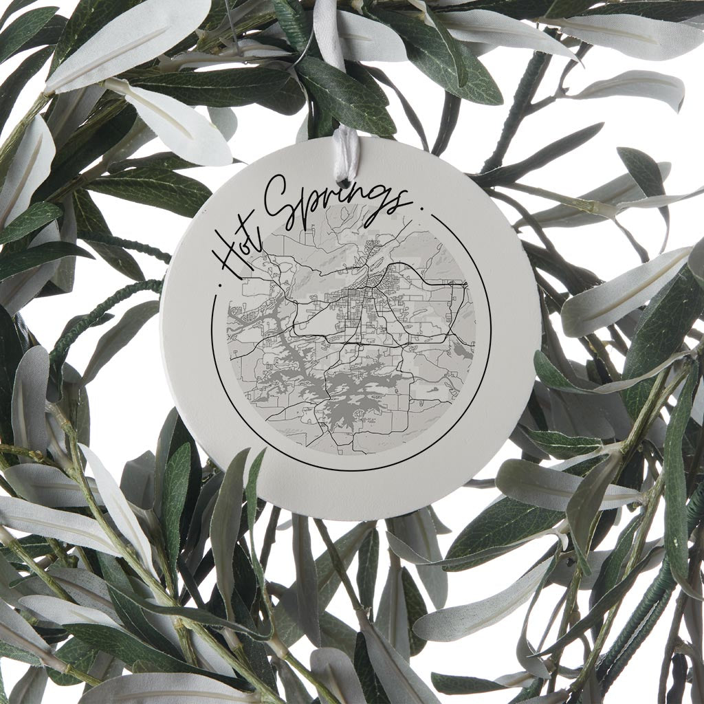B&W Minimalist Arkansas Hot Springs Circle Map | Wood Ornament | Eaches | Min 6