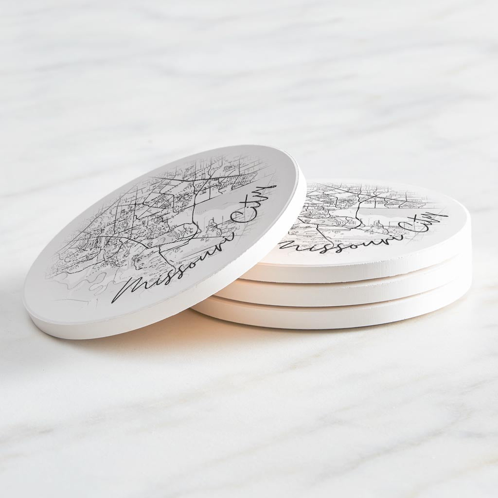 Minimalistic B&W Texas Missouri City Circle Map | Absorbent Coasters | Set of 4 | Min 2