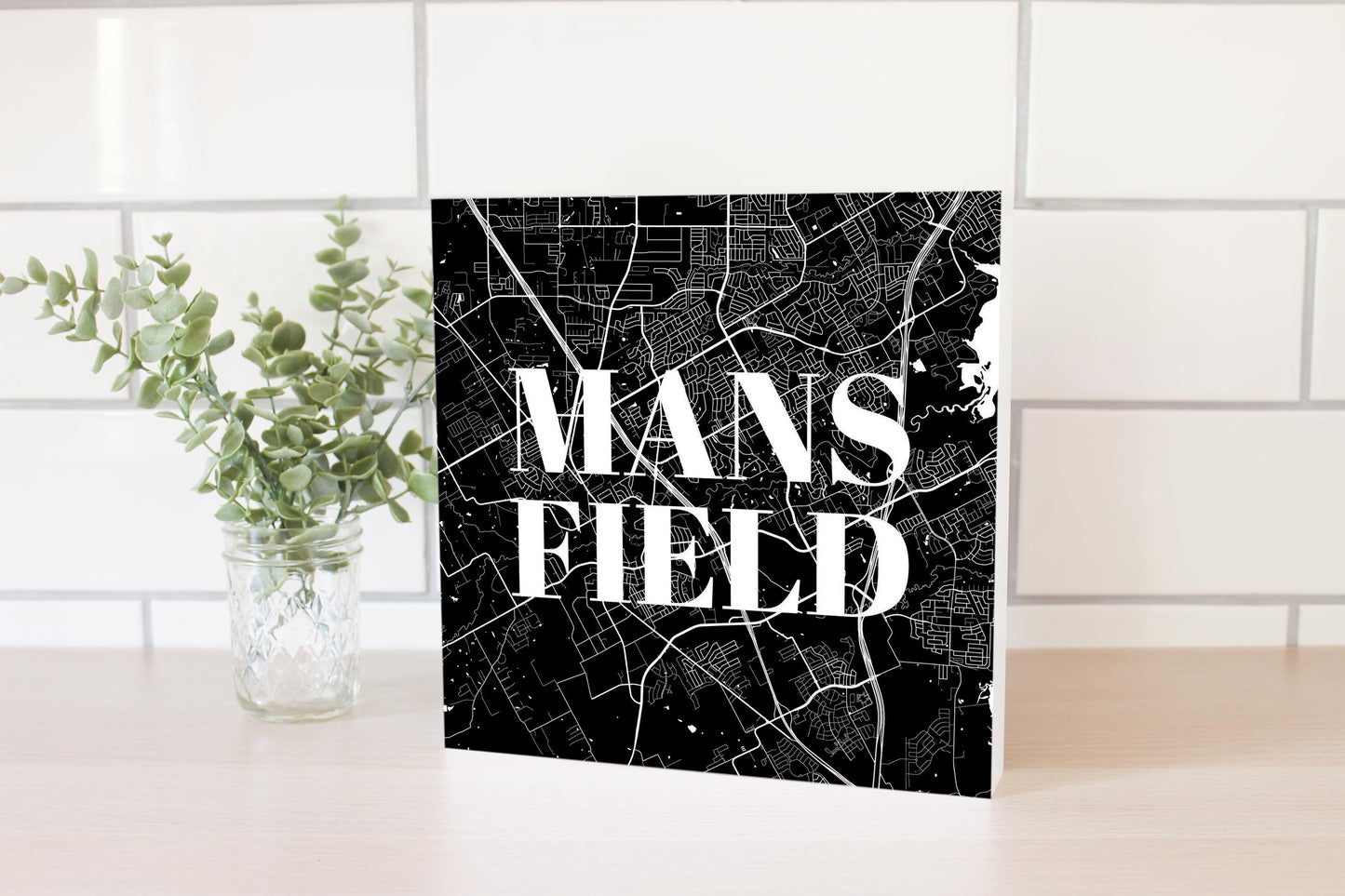 Minimalistic B&W Texas Mansfield Map| Wood Block | Eaches | Min 2