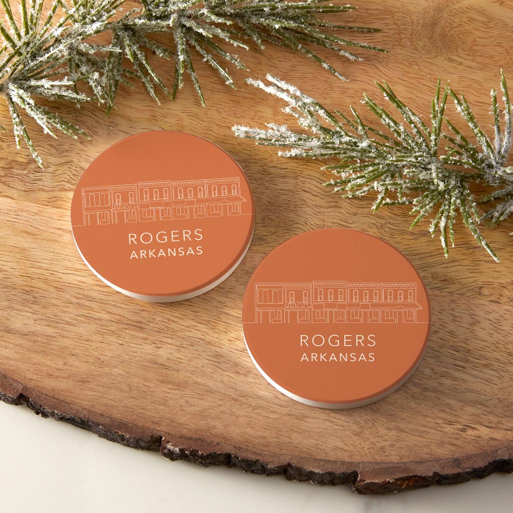 Modern Minimalist Arkansas Rogers Skyline State | Absorbent Car Coasters | Set of 2 | Min 4