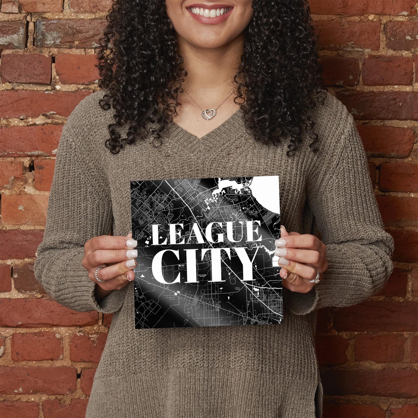 Minimalistic B&W Texas League City Map | Hi-Def Glass Art | Eaches | Min 2