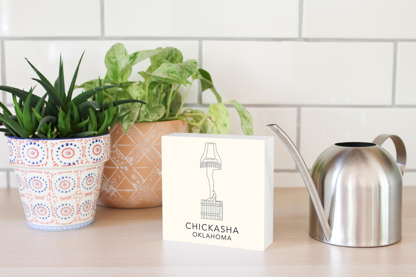 Modern Minimalist Oklahoma Chickasha Leg Lamp | Wood Block | Eaches | Min 4