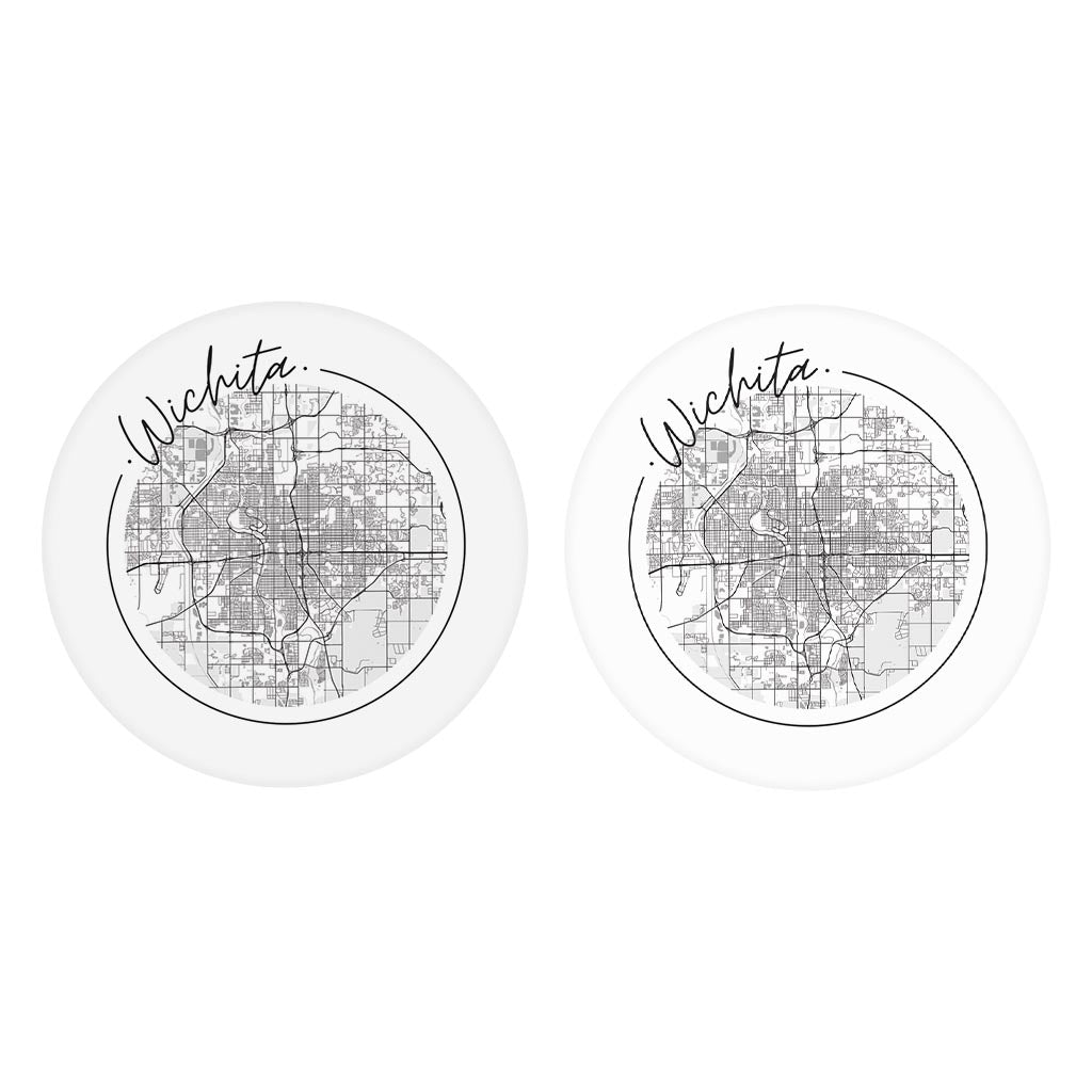Minimalist B&W Kansas Wichita Circle Map | Absorbent Car Coasters | Set of 2 | Min 4