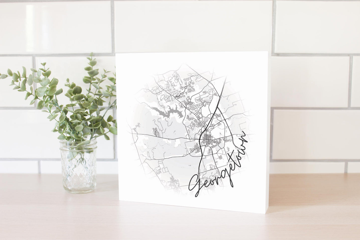 Minimalistic B&W Texas Georgetown Circle Map | Wood Block | Eaches | Min 2