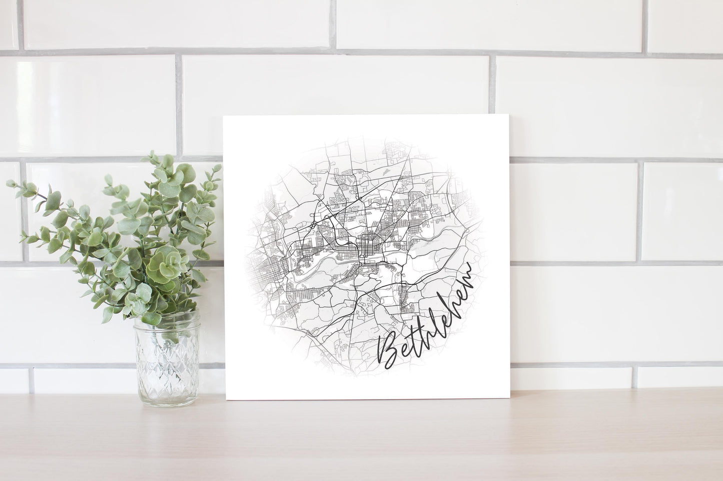Minimalistic B&W Pennsylvania Bethlehem Circle Map| Wood Sign | Eaches | Min 2