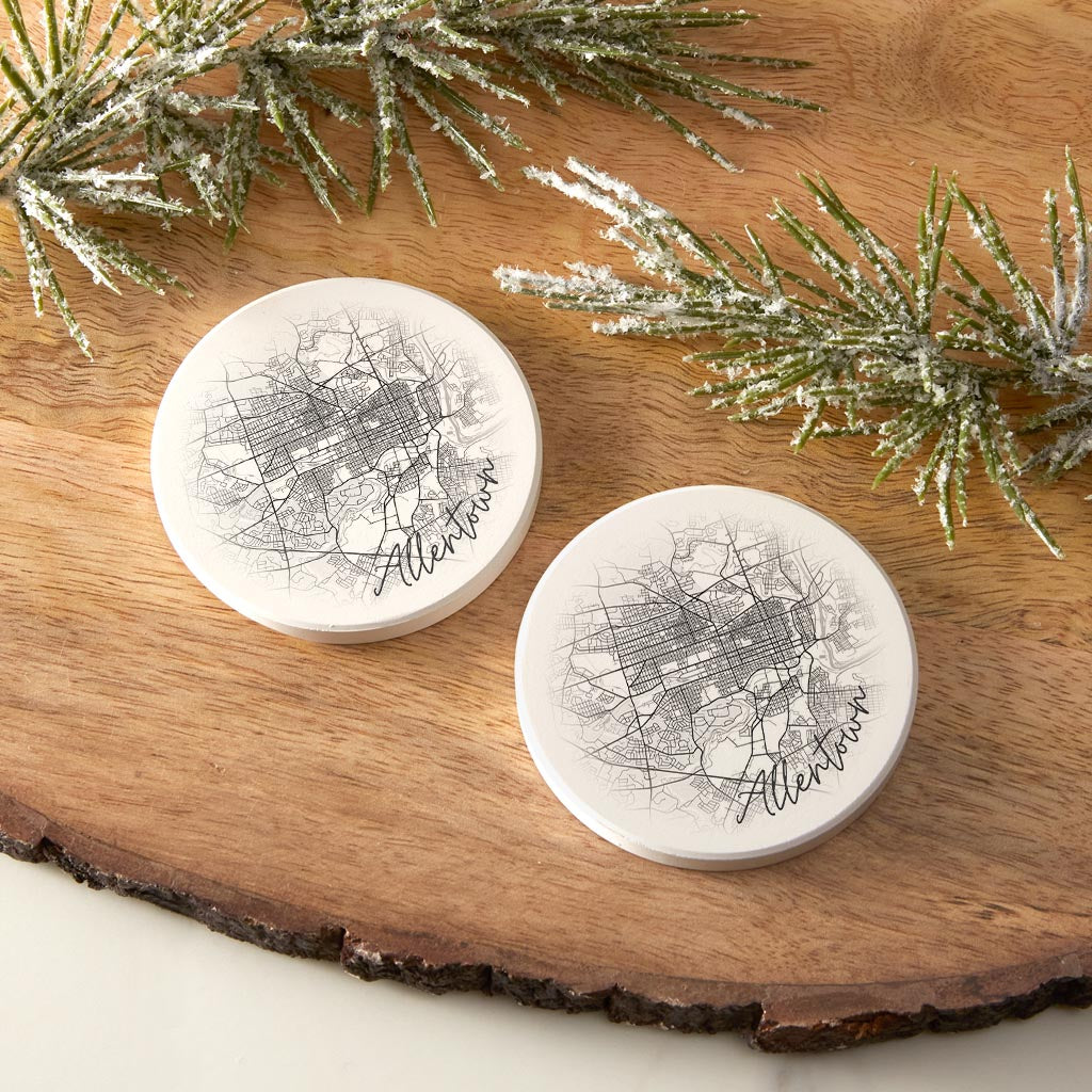 Minimalistic B&W Pennsylvania Allentown Circle Map | Absorbent Car Coasters | Set of 2 | Min 4