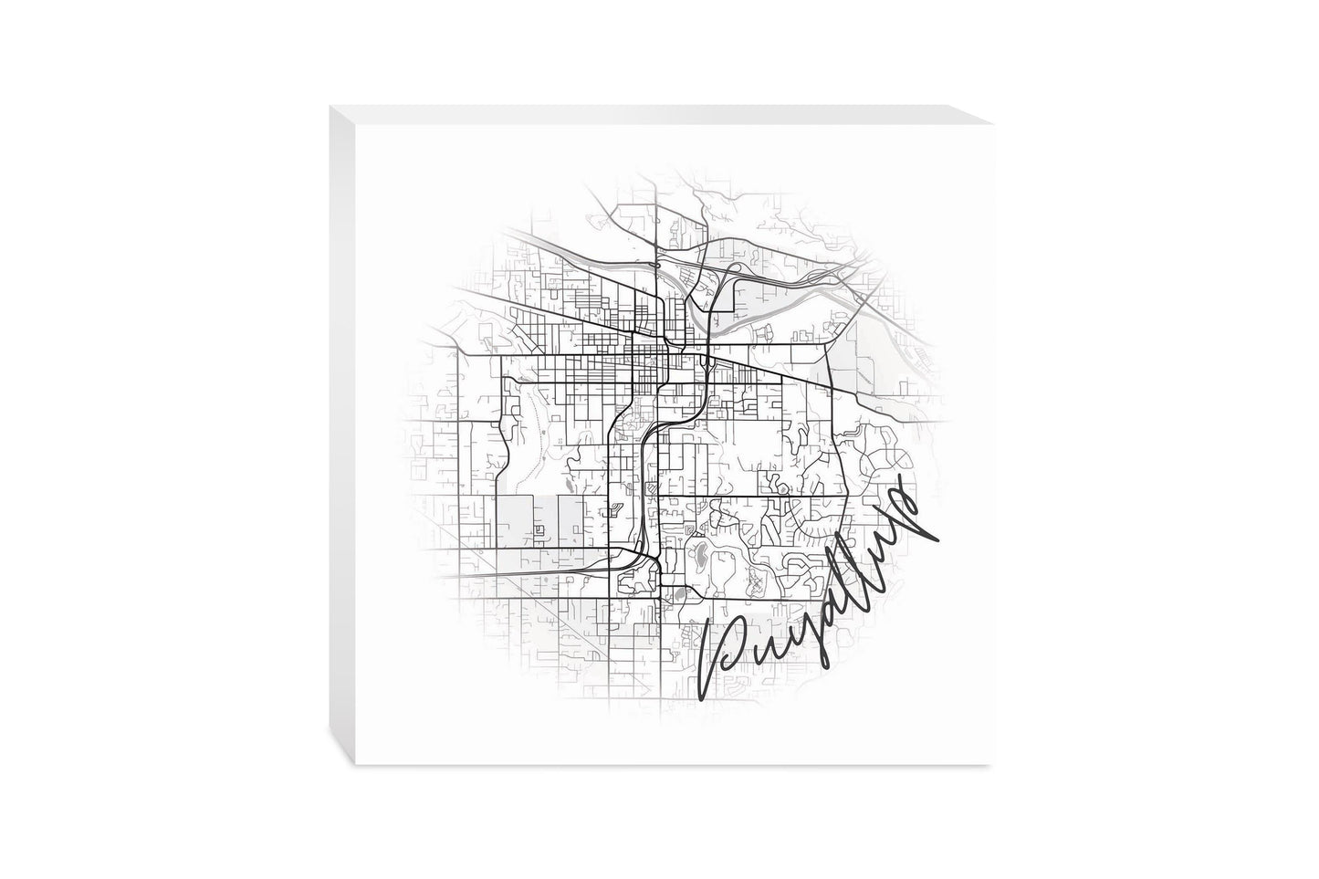 Minimalistic B&W Washington Puyallup Circle Map | Wood Block | Eaches | Min 2