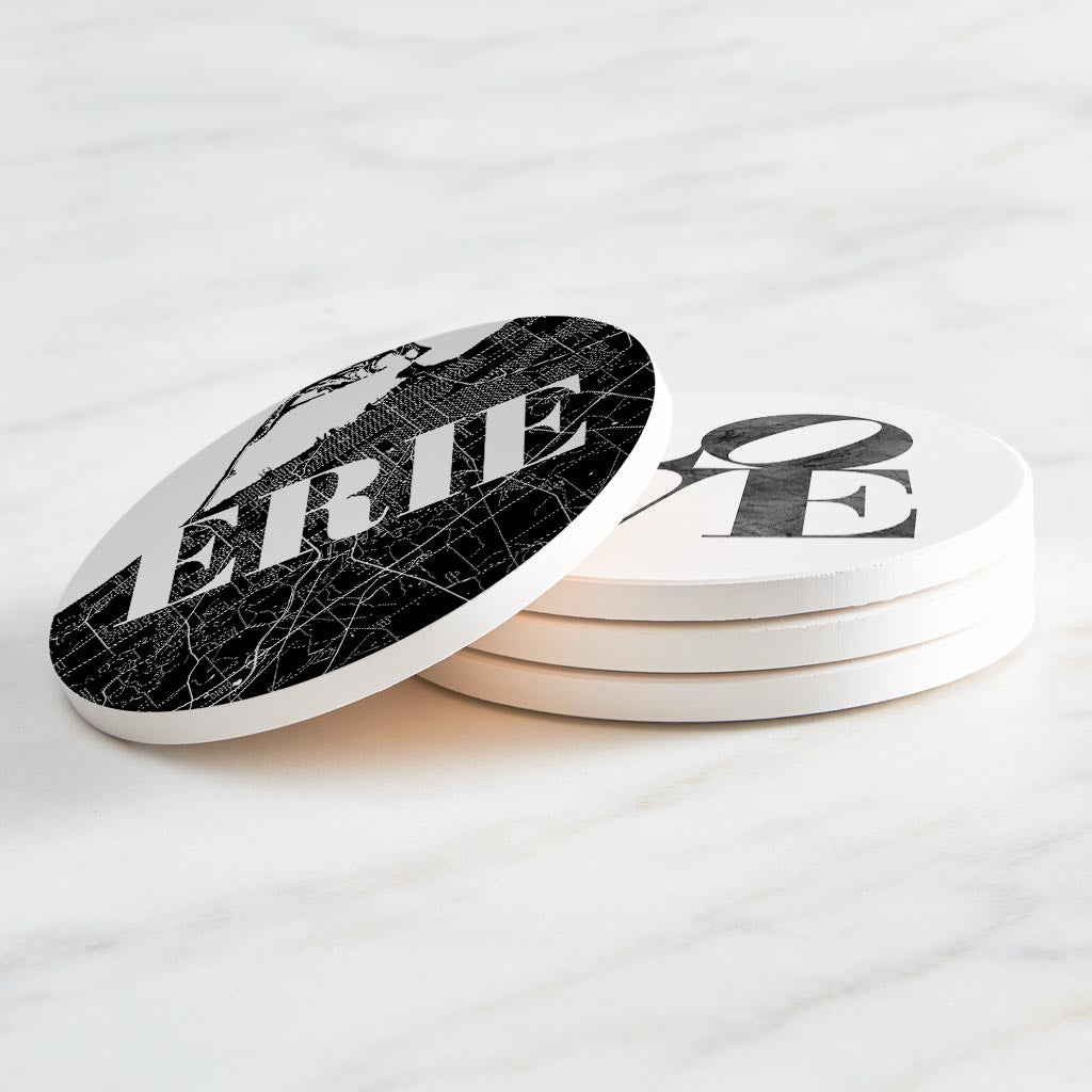 Minimalistic B&W Pennsylvania Erie Maps Love | Absorbent Coasters | Set of 4 | Min 2