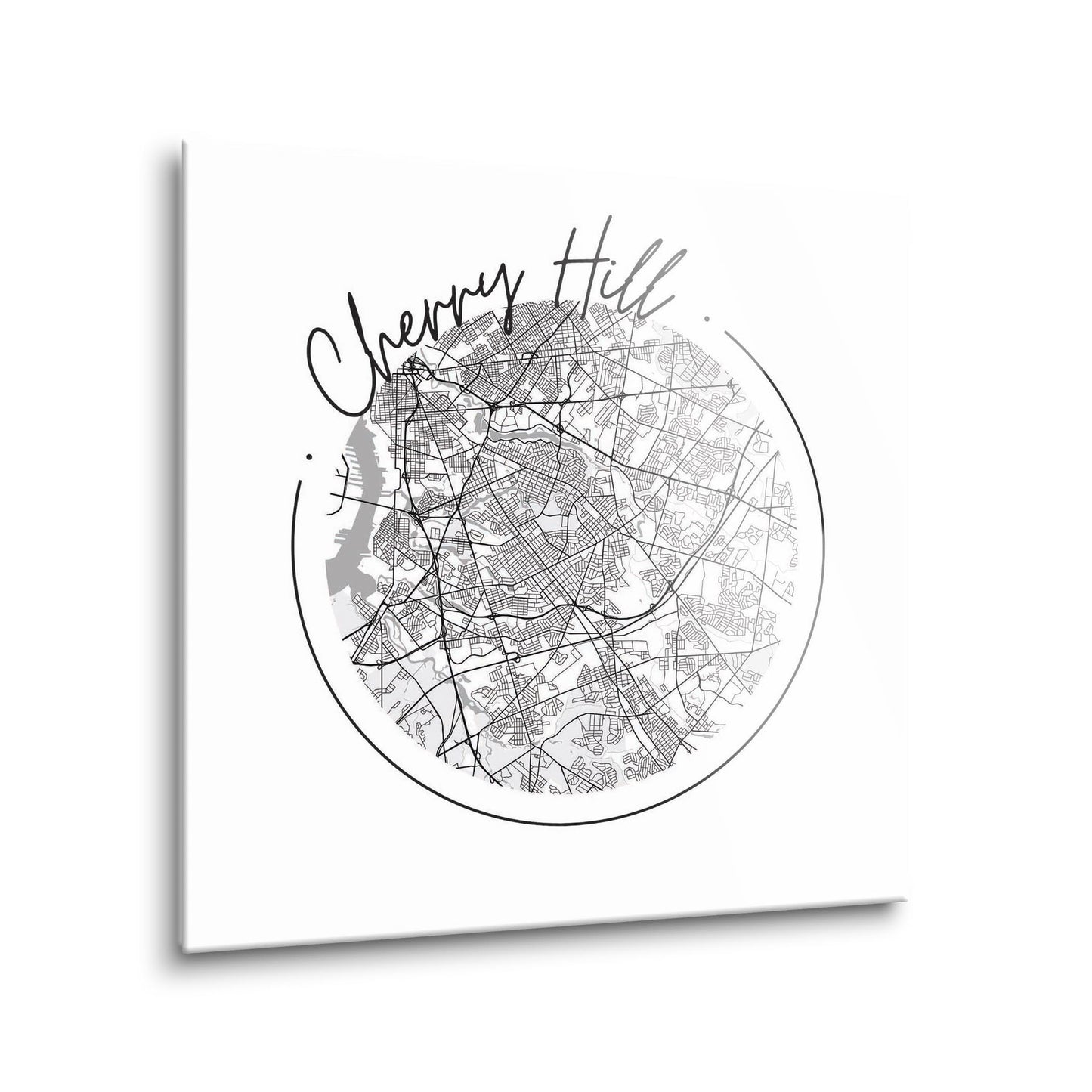 Minimalistic B&W New Jersey Cherry Hill Circle Map | Hi-Def Glass Art | Eaches | Min 1