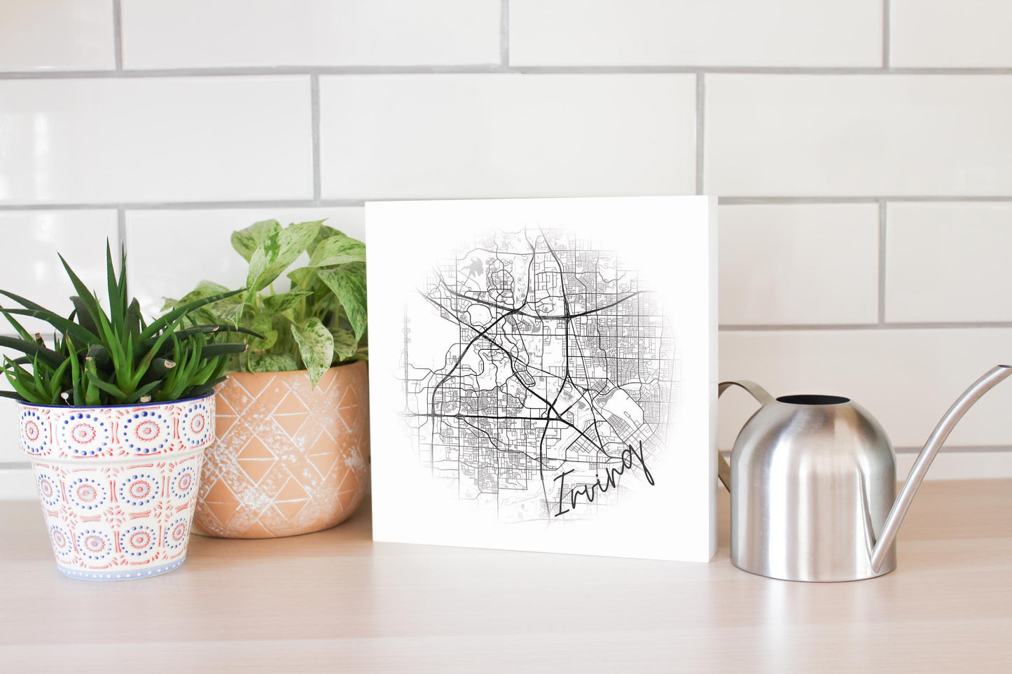 Minimalistic B&W Texas Irving Circle Map | Wood Block | Eaches | Min 2