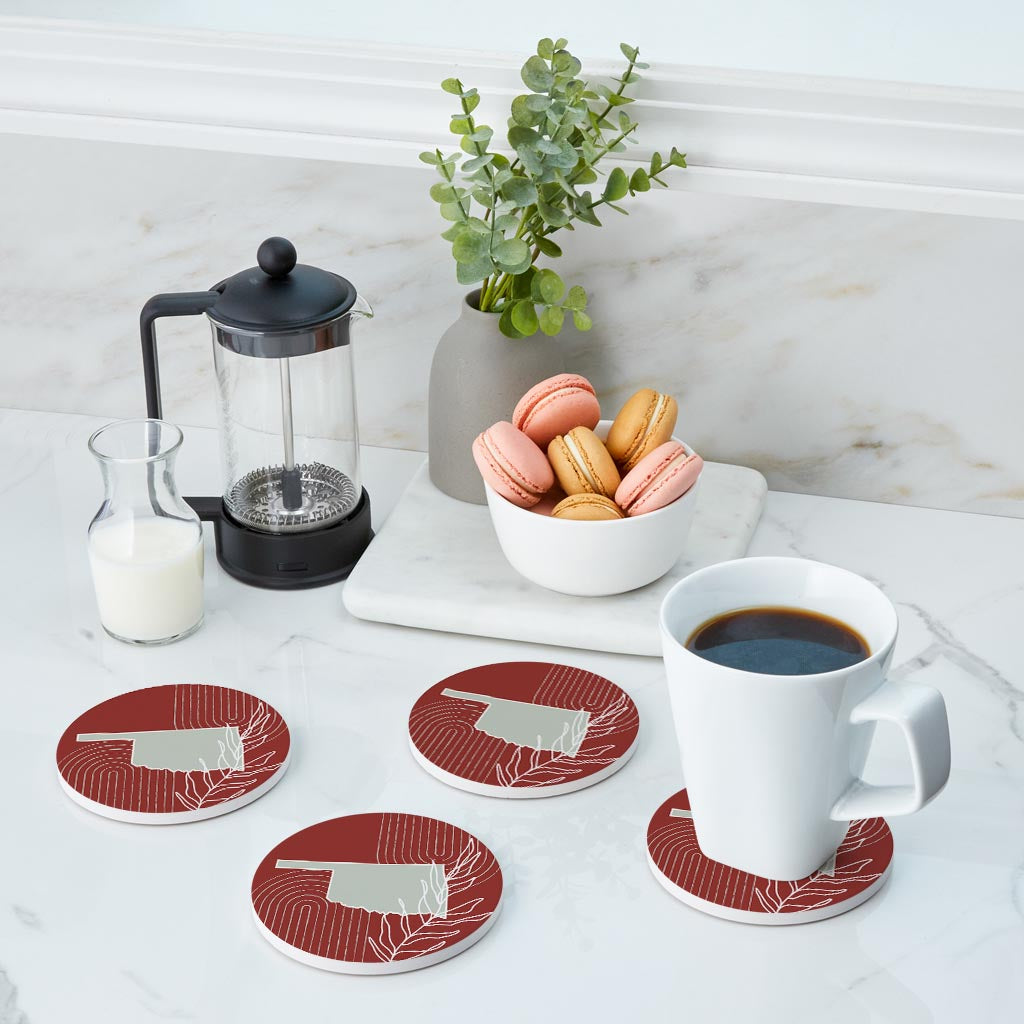 Modern Minimalist Oklahoma State Shape With Leaf | Absorbent Coasters | Set of 4 | Min 2