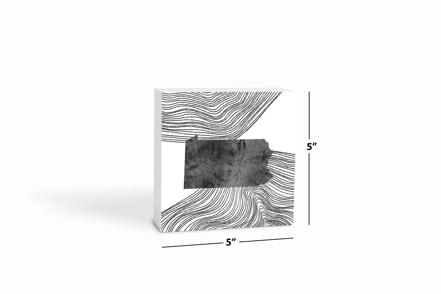 Minimalistic B&W Pennsylvania Shape Fluid Lines | Wood Block | Eaches | Min 4
