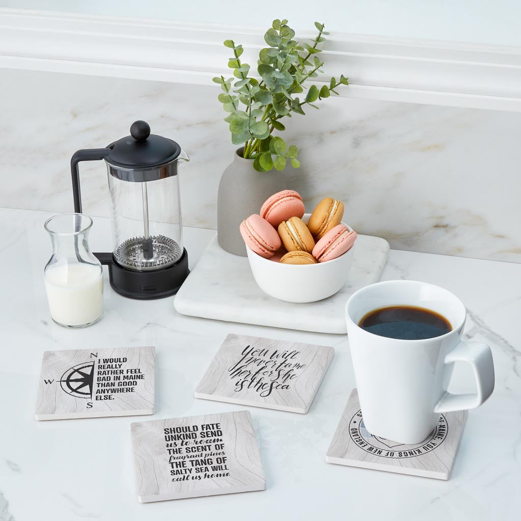 New England Sayings With Wood Grain | Absorbent Coasters | Set of 4 | Min 2