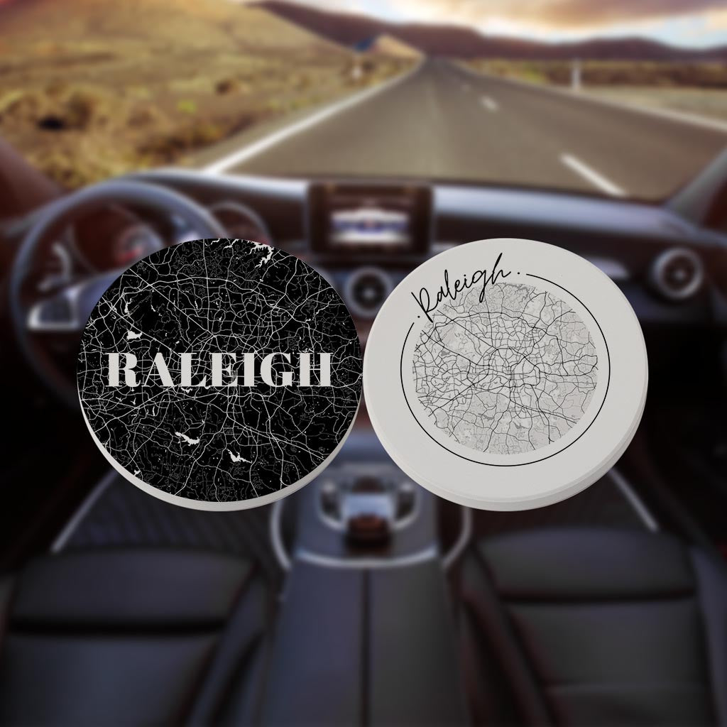 Minimalistic B&W North Carolina Raleigh Maps | Absorbent Car Coasters | Set of 2 | Min 4