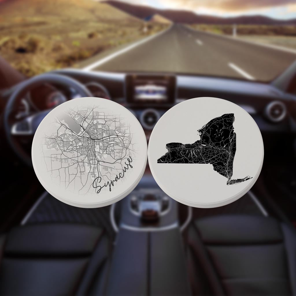 Minimalistic B&W New York Syracuse Map State| Absorbent Car Coasters | Set of 2 | Min 4