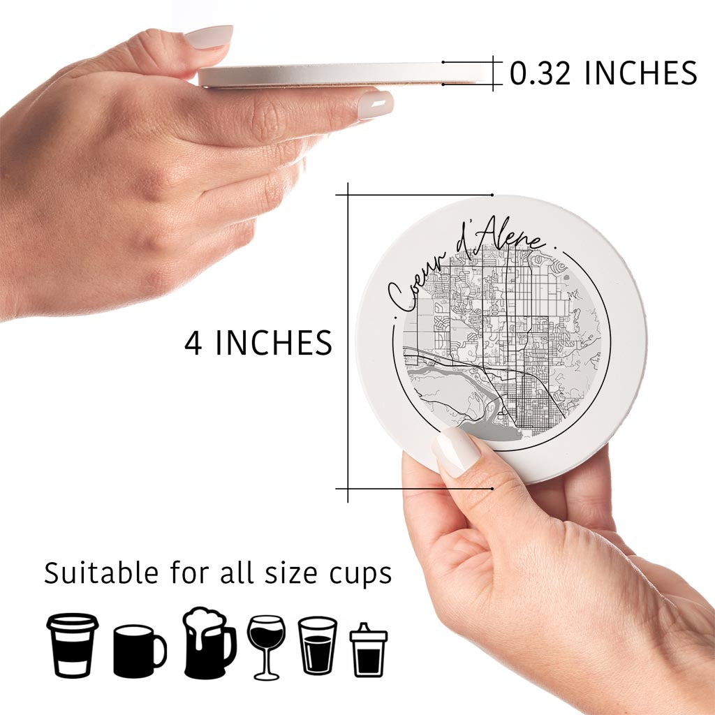 Minimalist B&W Idaho Coeur Dalene Circle Map | Absorbent Coasters | Set of 4 | Min 2