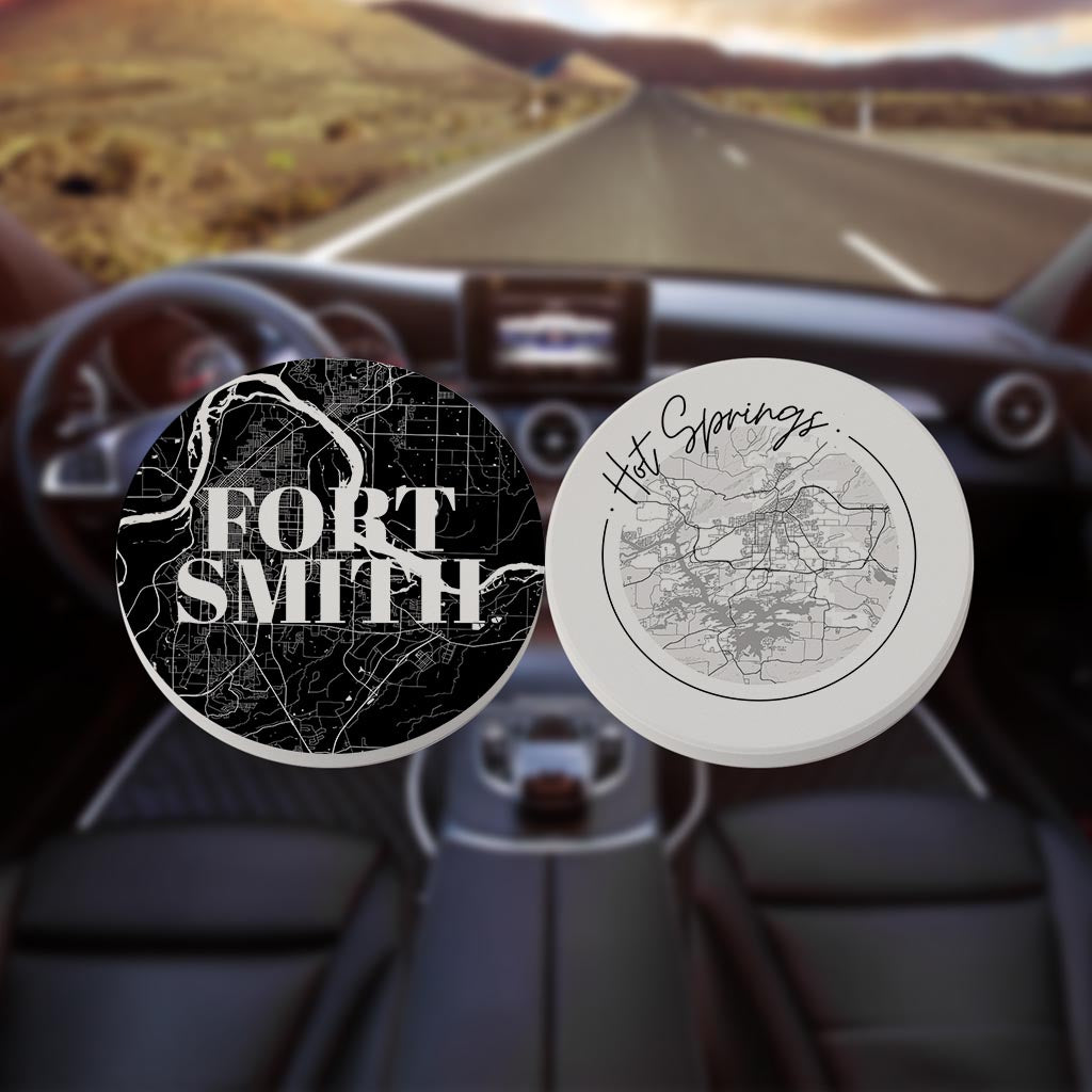 B&W Minimalist Arkansas Fort Smith Hot Springs | Absorbent Car Coasters | Set of 2 | Min 4