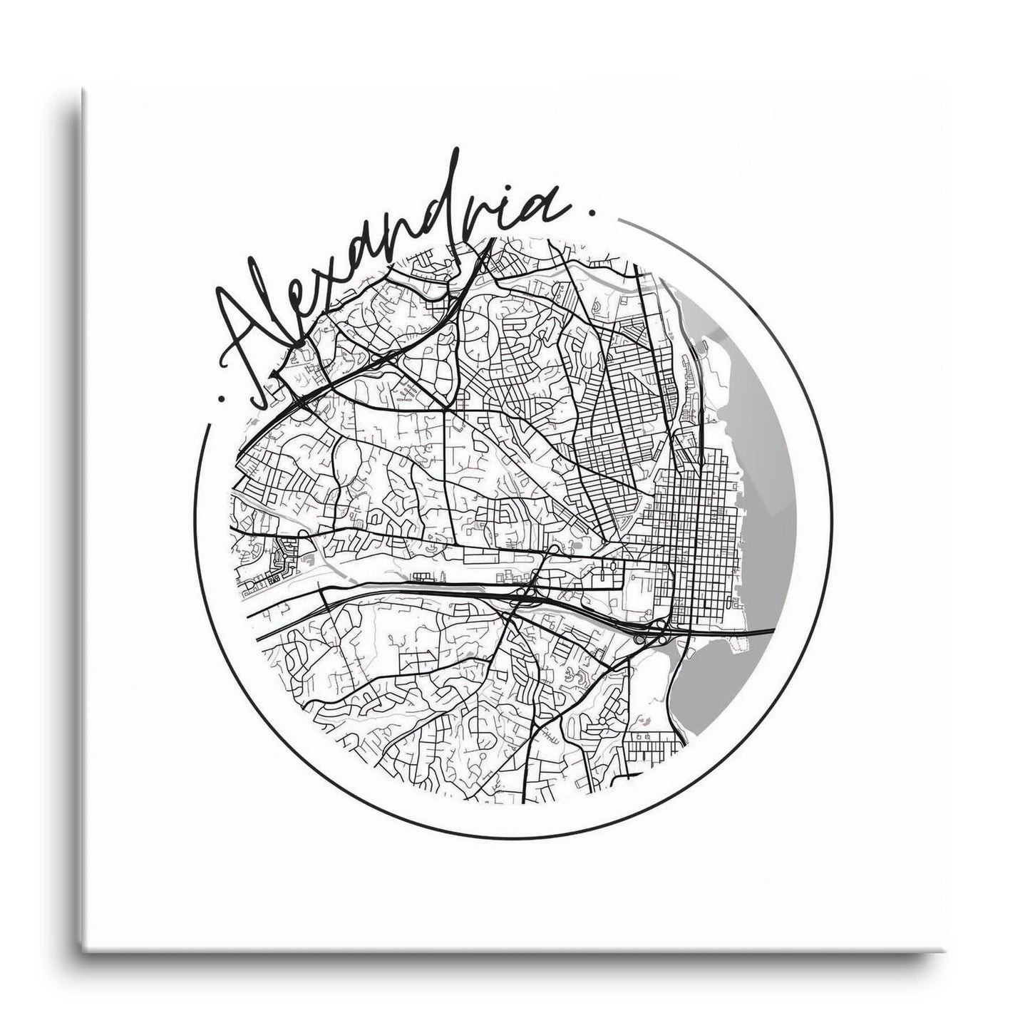 Minimalistic B&W Virginia Alexandria Circle Map | Hi-Def Glass Art | Eaches | Min 1