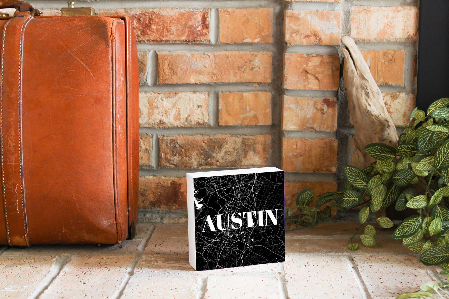 Minimalistic B&W Texas Austin Map | Wood Block | Eaches | Min 4