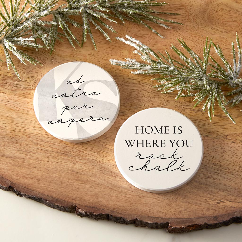 Minimalist B&W Kansas Latin Rock Chalk Quotes| Absorbent Car Coasters | Set of 2 | Min 4