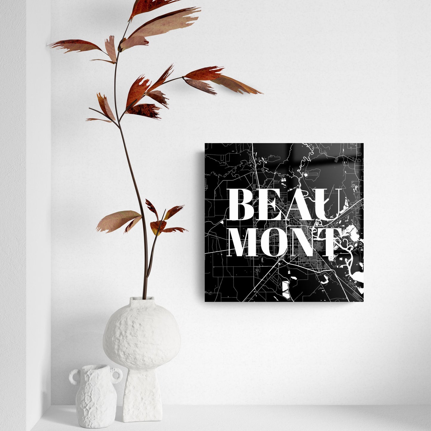 Minimalistic B&W Texas Beaumont Map | Hi-Def Glass Art | Eaches | Min 2