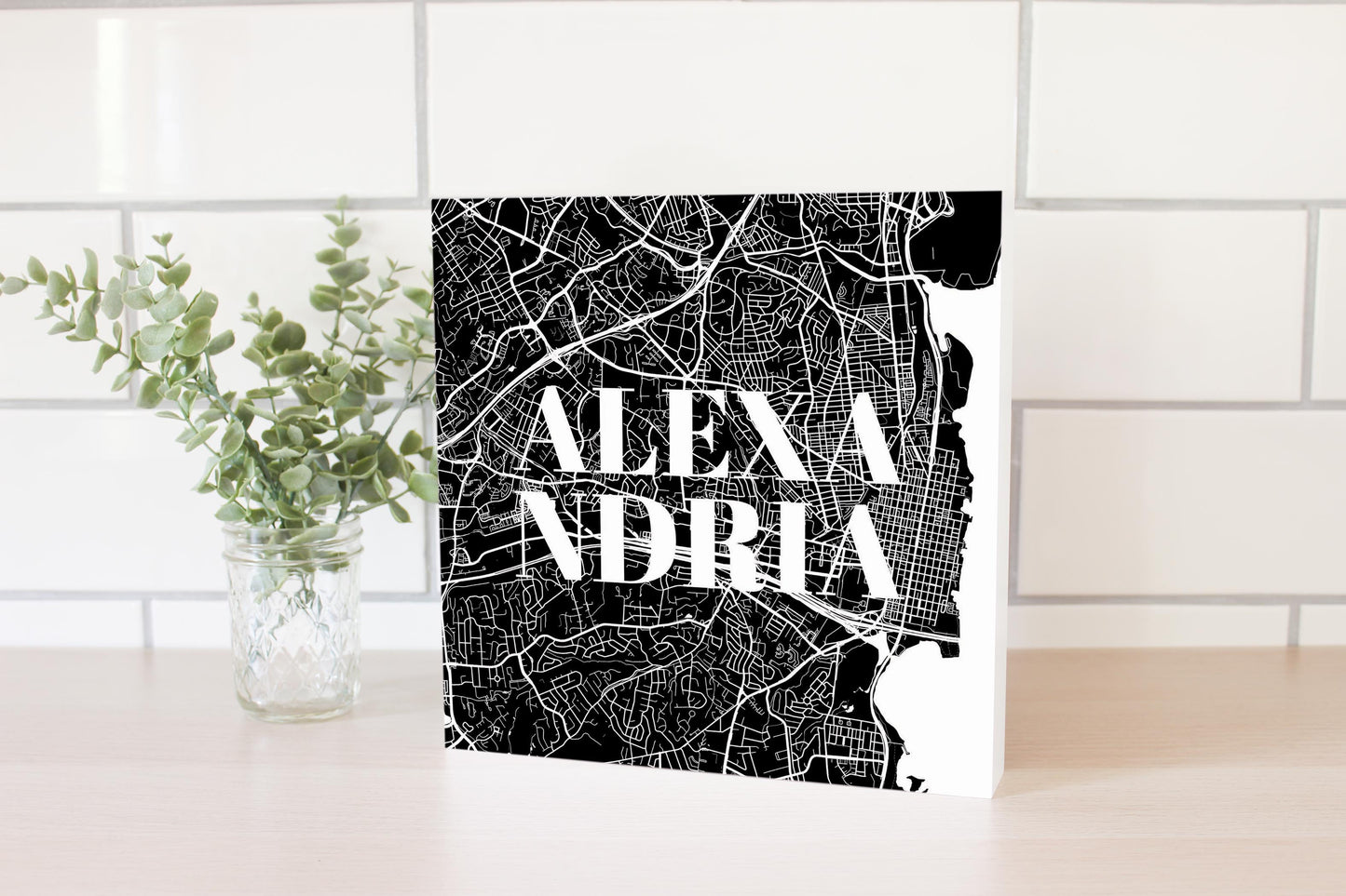 Minimalistic B&W Virginia Alexandria Map | Wood Block | Eaches | Min 2