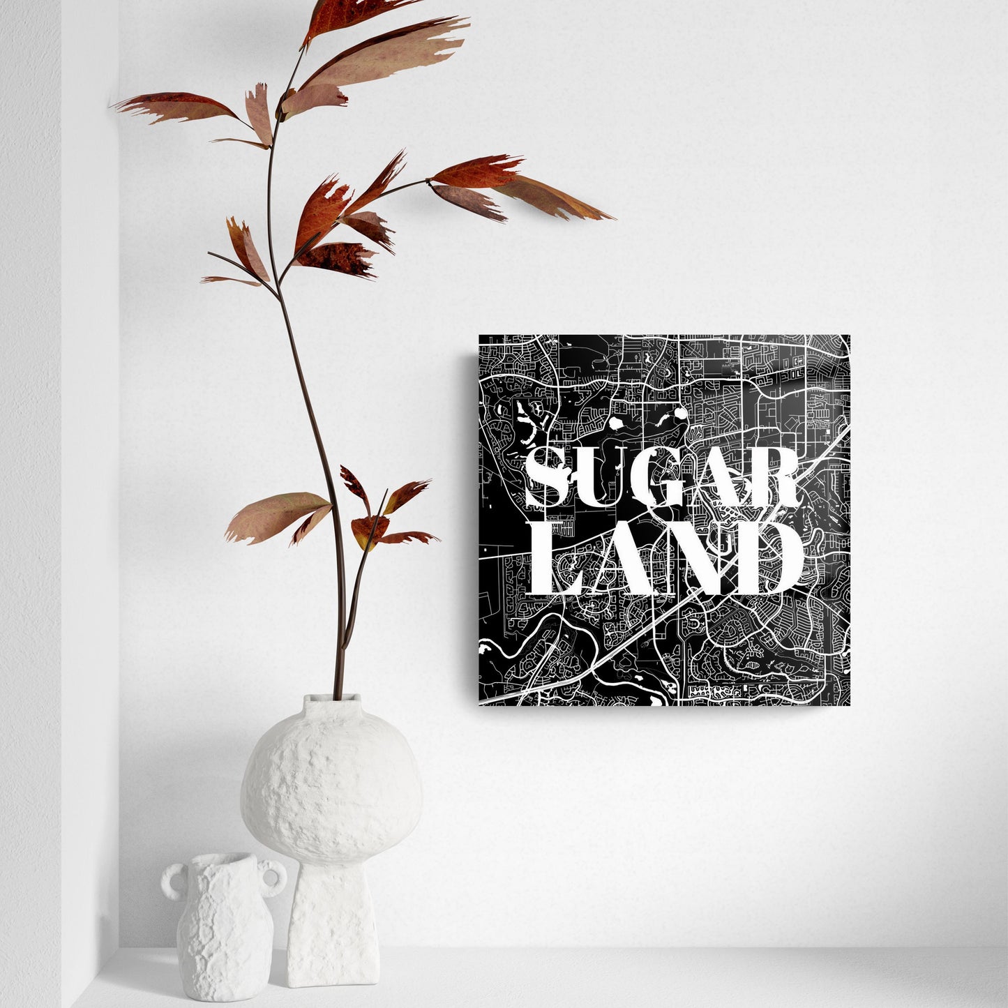 Minimalistic B&W Texas Sugarland Map | Hi-Def Glass Art | Eaches | Min 2