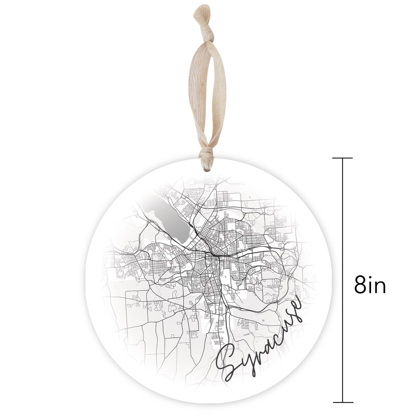 Minimalistic B&W New York Syracuse Faded Circle Map | Wood Ornament | Eaches | Min 1