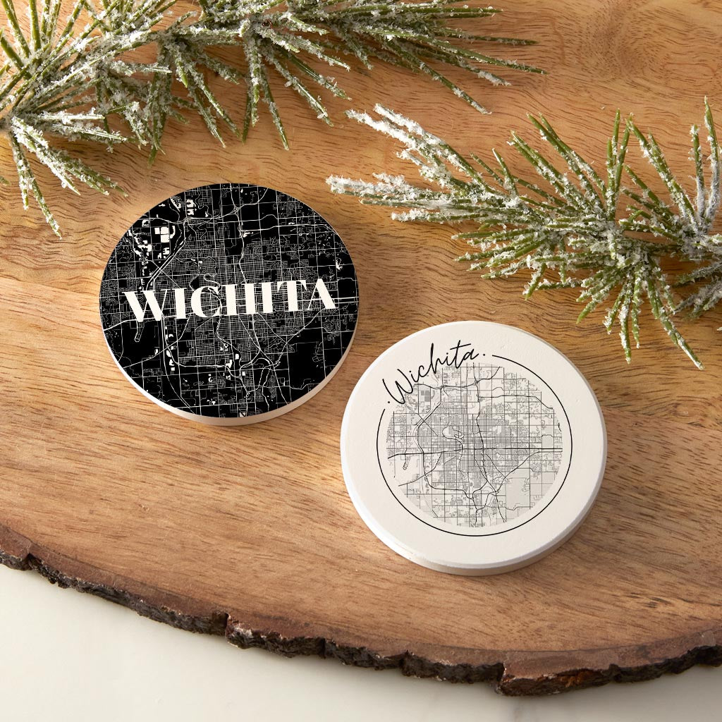 Minimalist B&W Kansas Wichita Maps| Absorbent Car Coasters | Set of 2 | Min 4