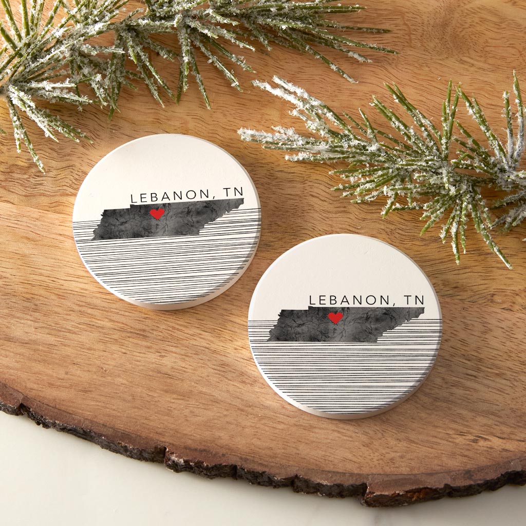 Minimalist B&W Tennessee State Lebanon Heart | Absorbent Car Coasters | Set of 2 | Min 4