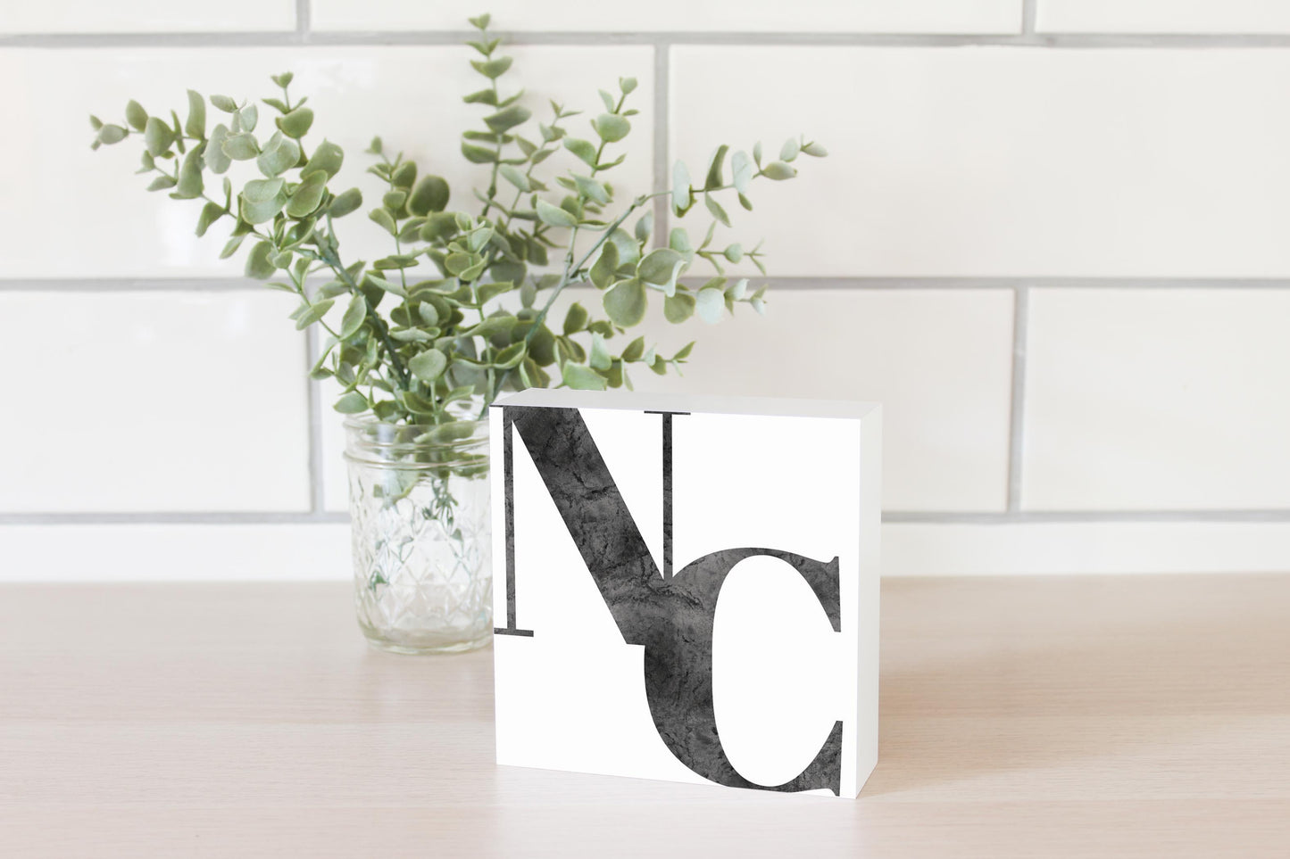 Minimalistic B&W North Carolina White Initials | Wood Block | Eaches | Min 4