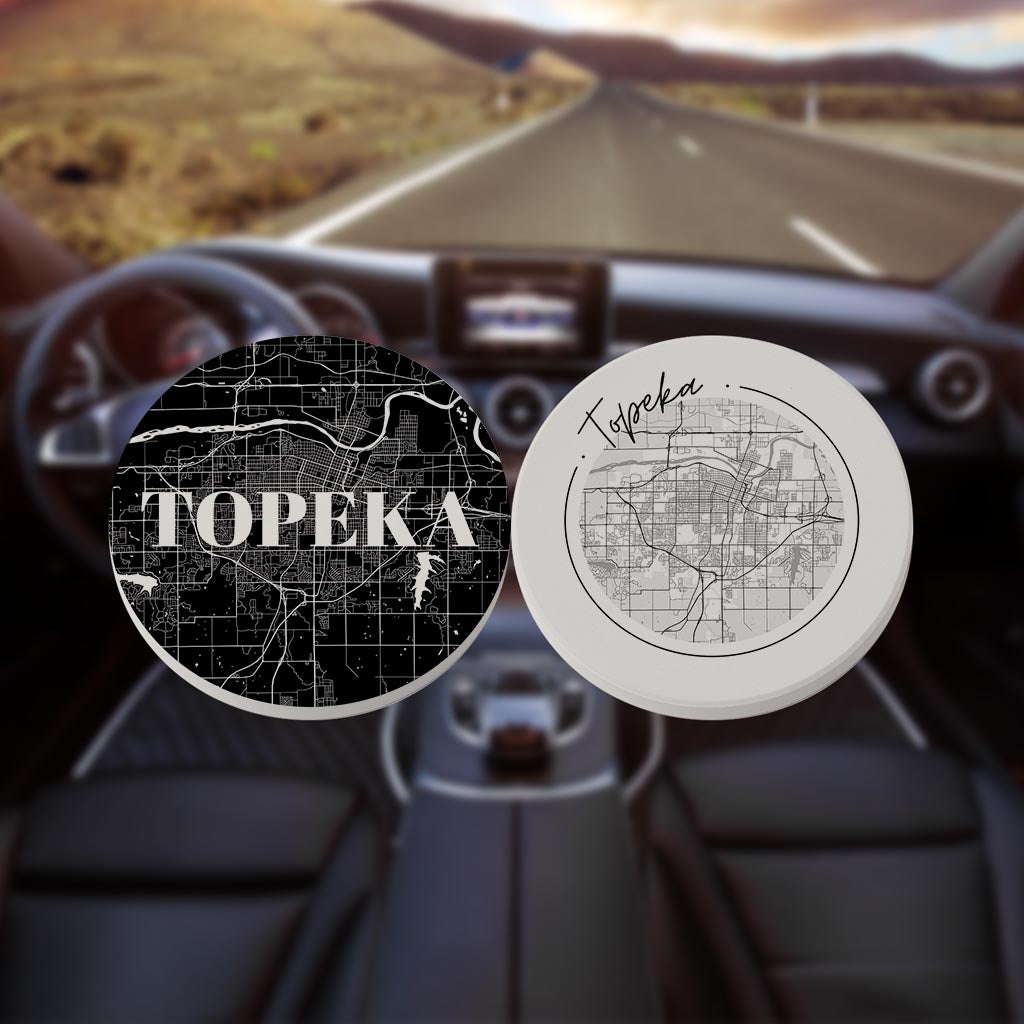 Minimalist B&W Kansas Topeka Maps | Absorbent Car Coasters | Set of 2 | Min 4
