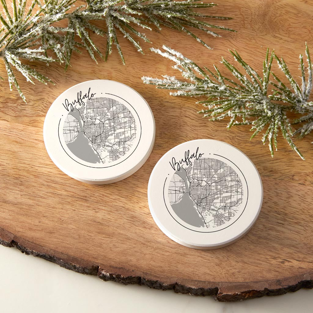 Minimalistic B&W New York Buffalo Circle Map | Absorbent Car Coasters | Set of 2 | Min 4