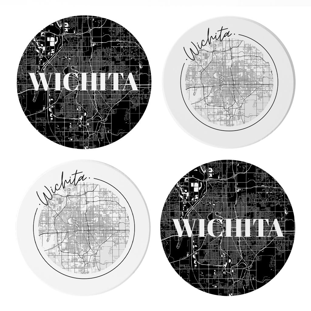 Minimalist B&W Kansas Wichita Maps | Absorbent Coasters | Set of 4 | Min 2