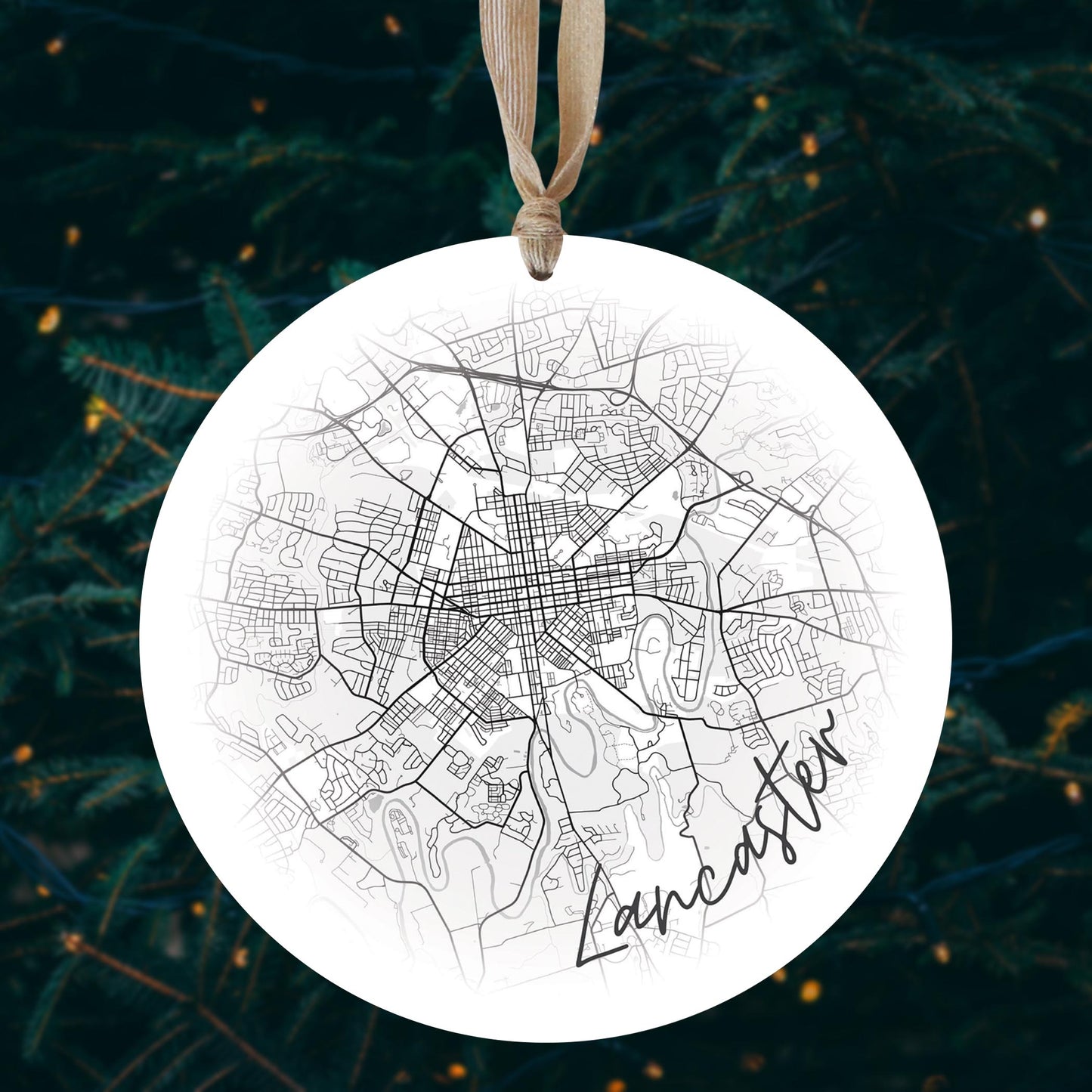Minimalistic B&W Pennsylvania Lancaster Circle Map | Wood Ornament | Eaches | Min 1