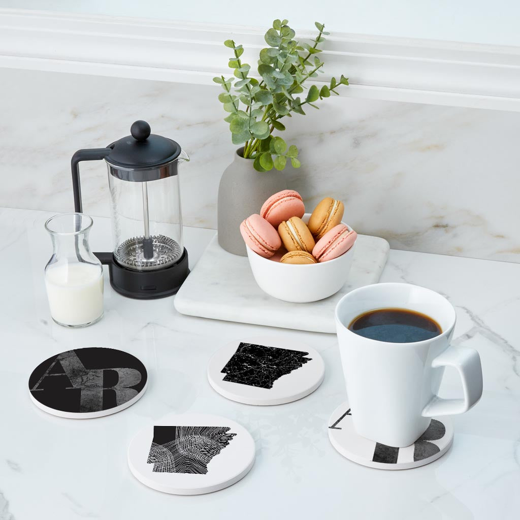 B&W Minimalist Arkansas Initials And State Shapes | Absorbent Coasters | Set of 4 | Min 2