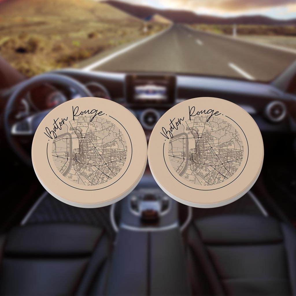Louisiana Colorful Baton Rouge Circle Map | Absorbent Car Coasters | Set of 2 | Min 4