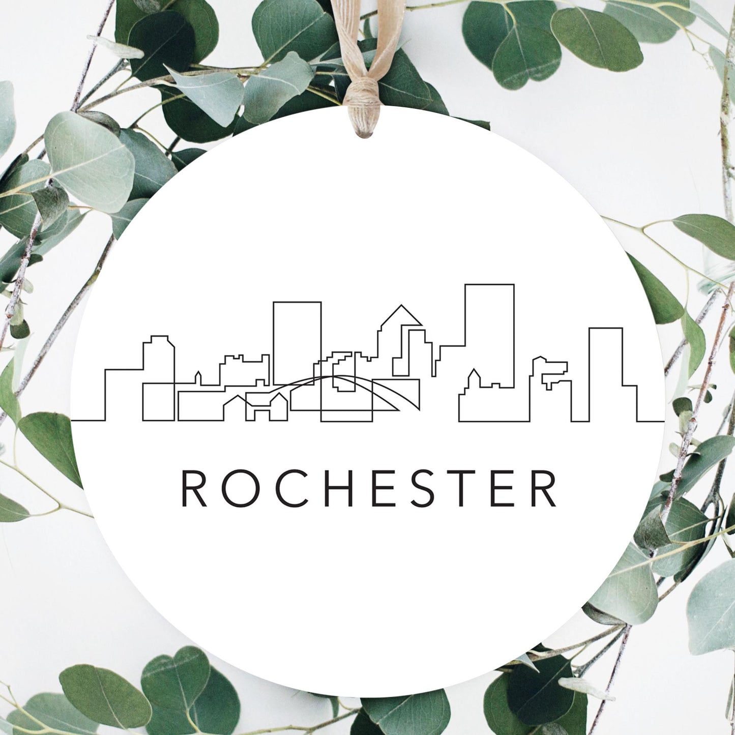 Minimalistic B&W New York Rochester Skyline | Wood Ornament | Eaches | Min 1