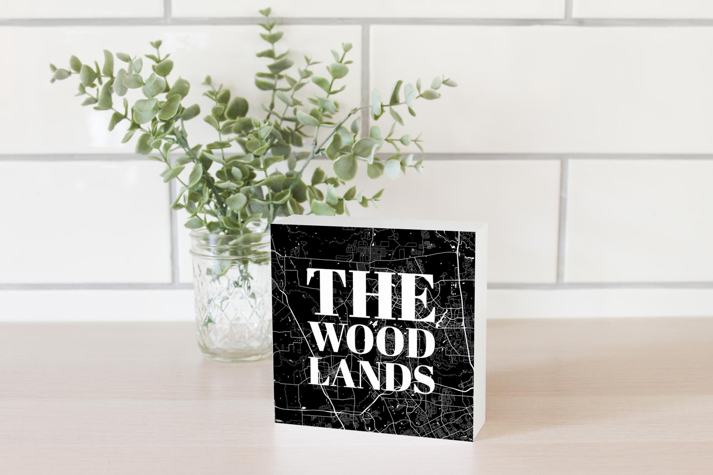 Minimalistic B&W Texas The Woodlands Map | Wood Block | Eaches | Min 4