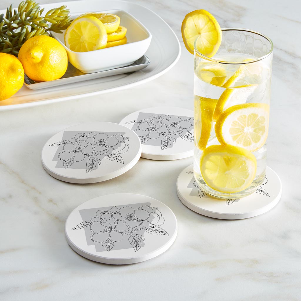 B&W Minimalist Arkansas Single Line Apple Blossoms | Absorbent Coasters | Set of 4 | Min 2