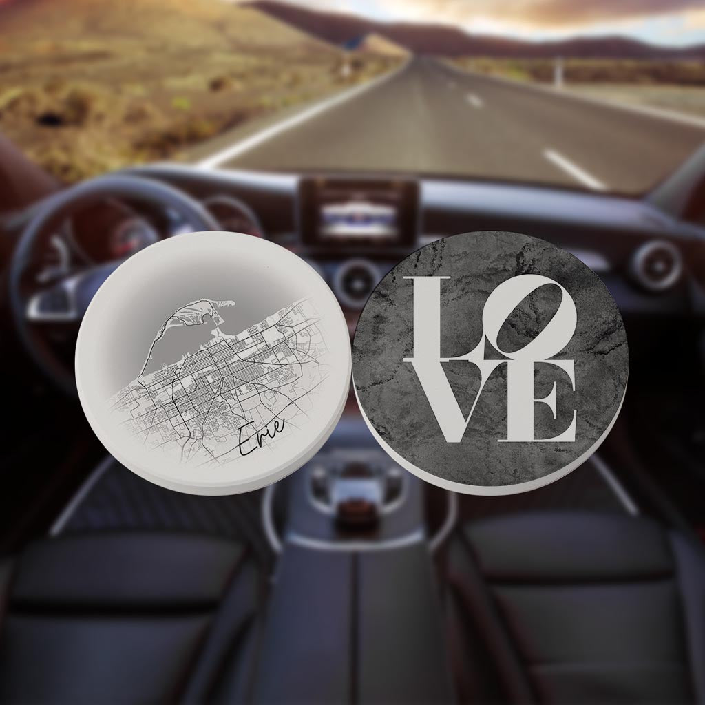 Minimalistic B&W Pennsylvania Erie Circle Love| Absorbent Car Coasters | Set of 2 | Min 4