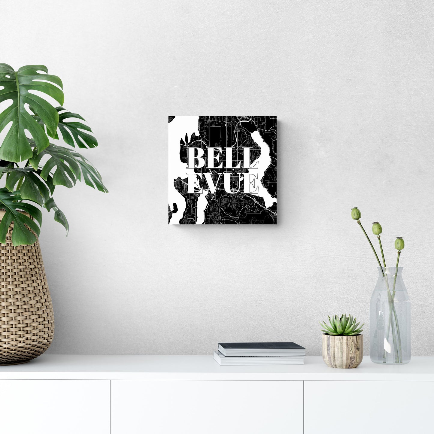 Minimalistic B&W Washington Bellevue Map | Wood Sign | Eaches | Min 2