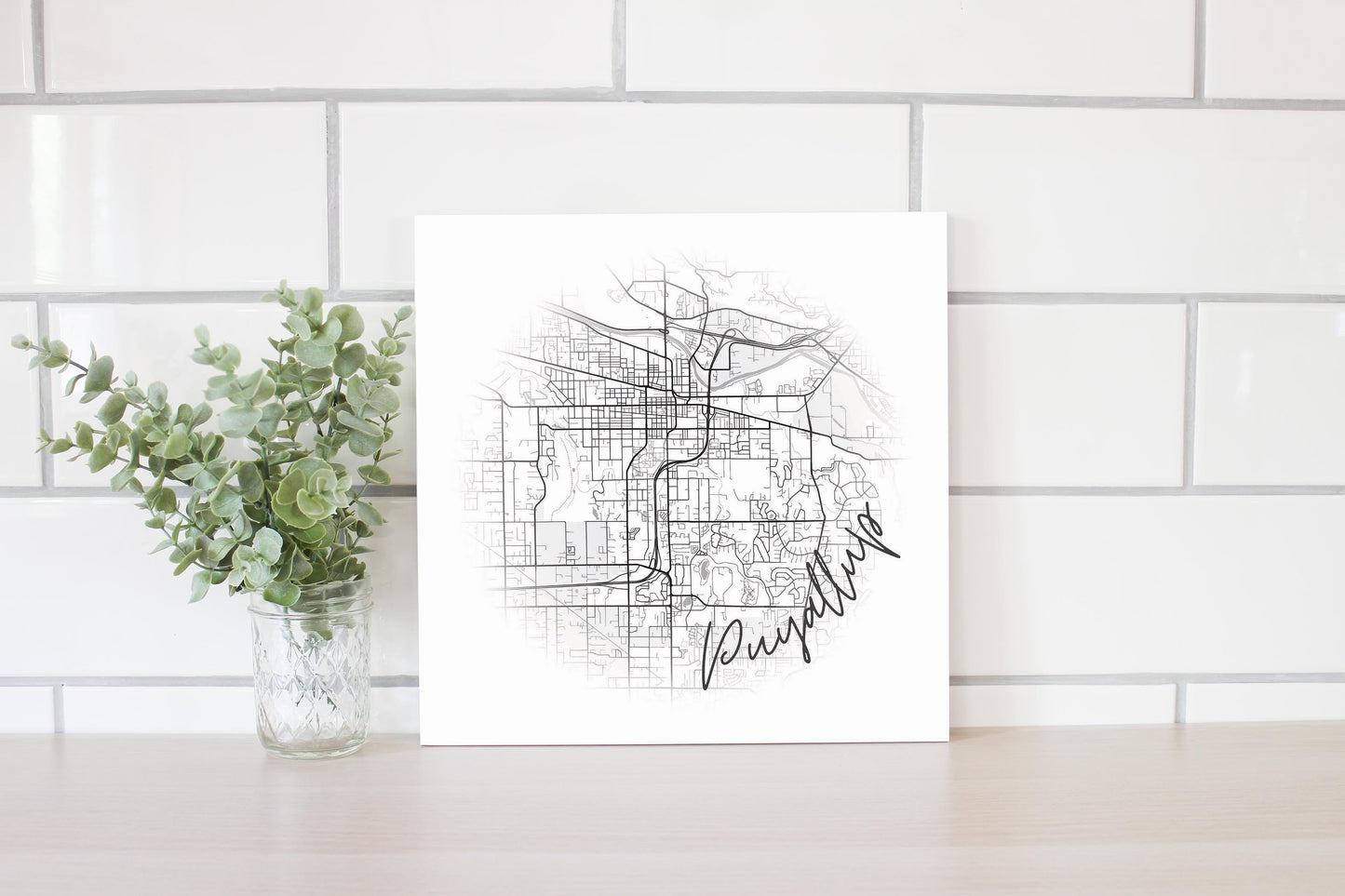 Minimalistic B&W Washington Puyallup Circle Map | Wood Sign | Eaches | Min 2
