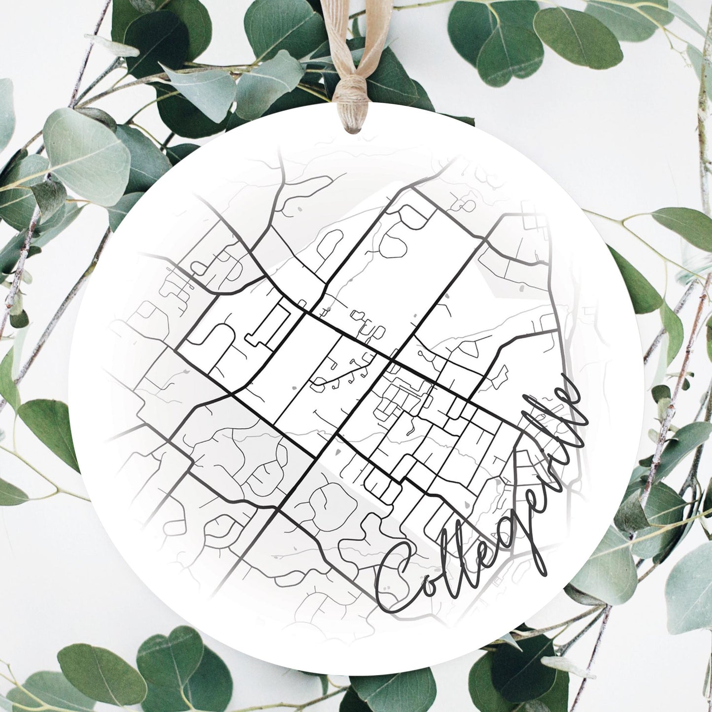 Minimalistic B&W Pennsylvania Collegeville Circle Map | Wood Ornament | Eaches | Min 1